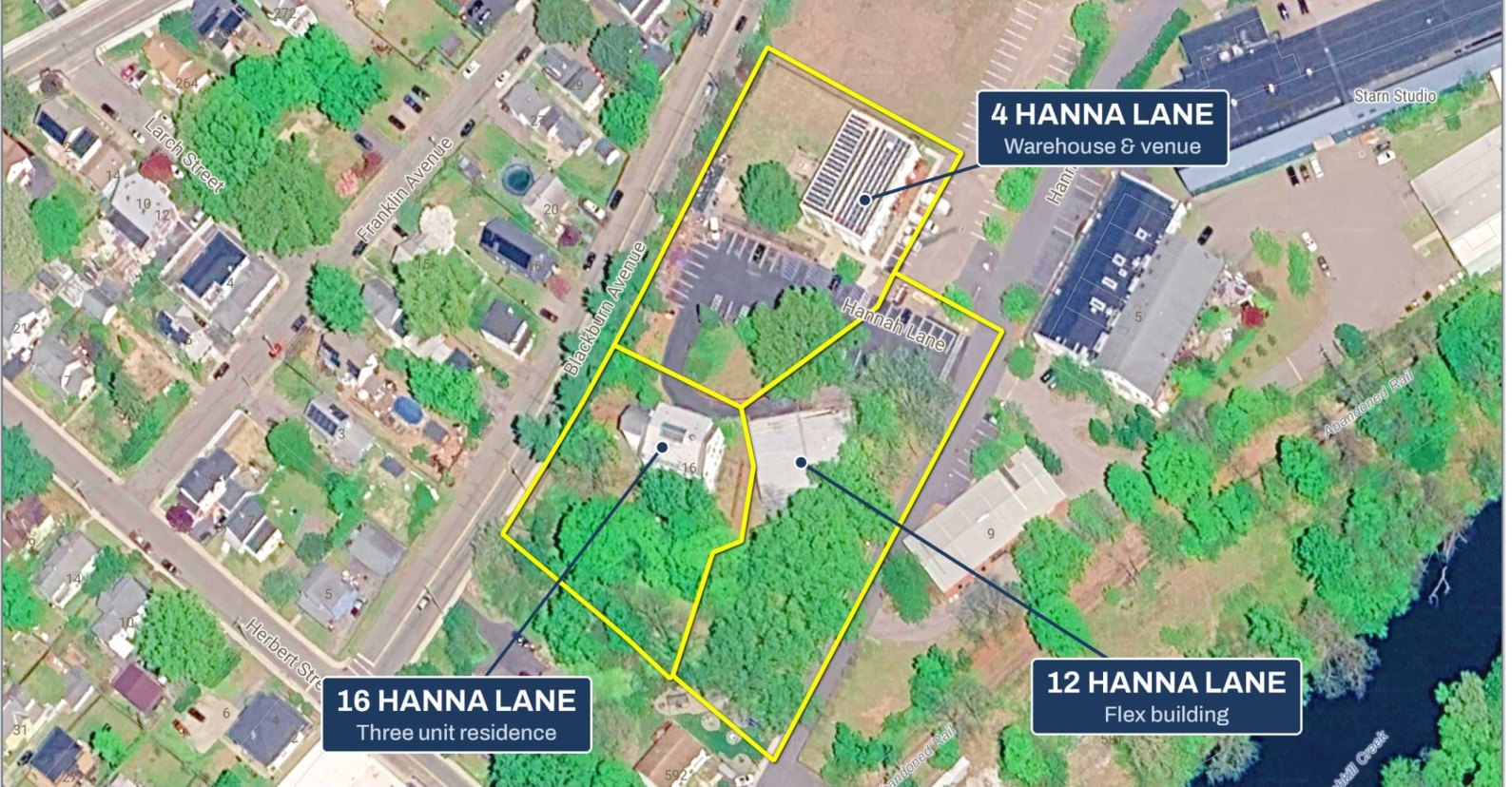 Aerial view of The Yard, Beacon, with 4, 12 and 16 Hanna Lane outlined and labelled between Blackburn Avenue and NY 52